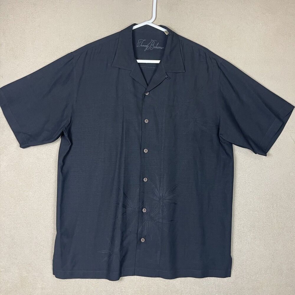 Tommy Bahama Shirt Mens Large Black Silk Casual Short Sleeve Preppy Adult